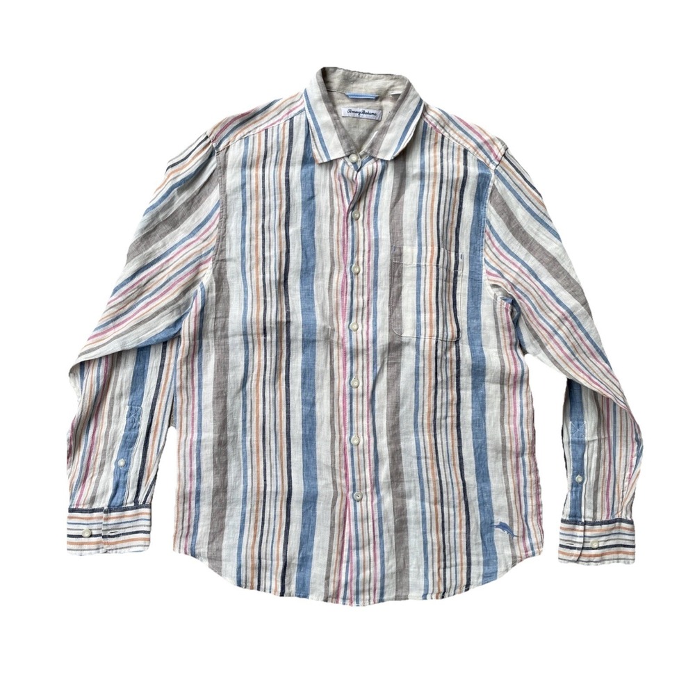 Men's Tommy Bahama Linen Button Up Shirt Medium Long Sleeve Multicolor Striped - Picture 2 of 9